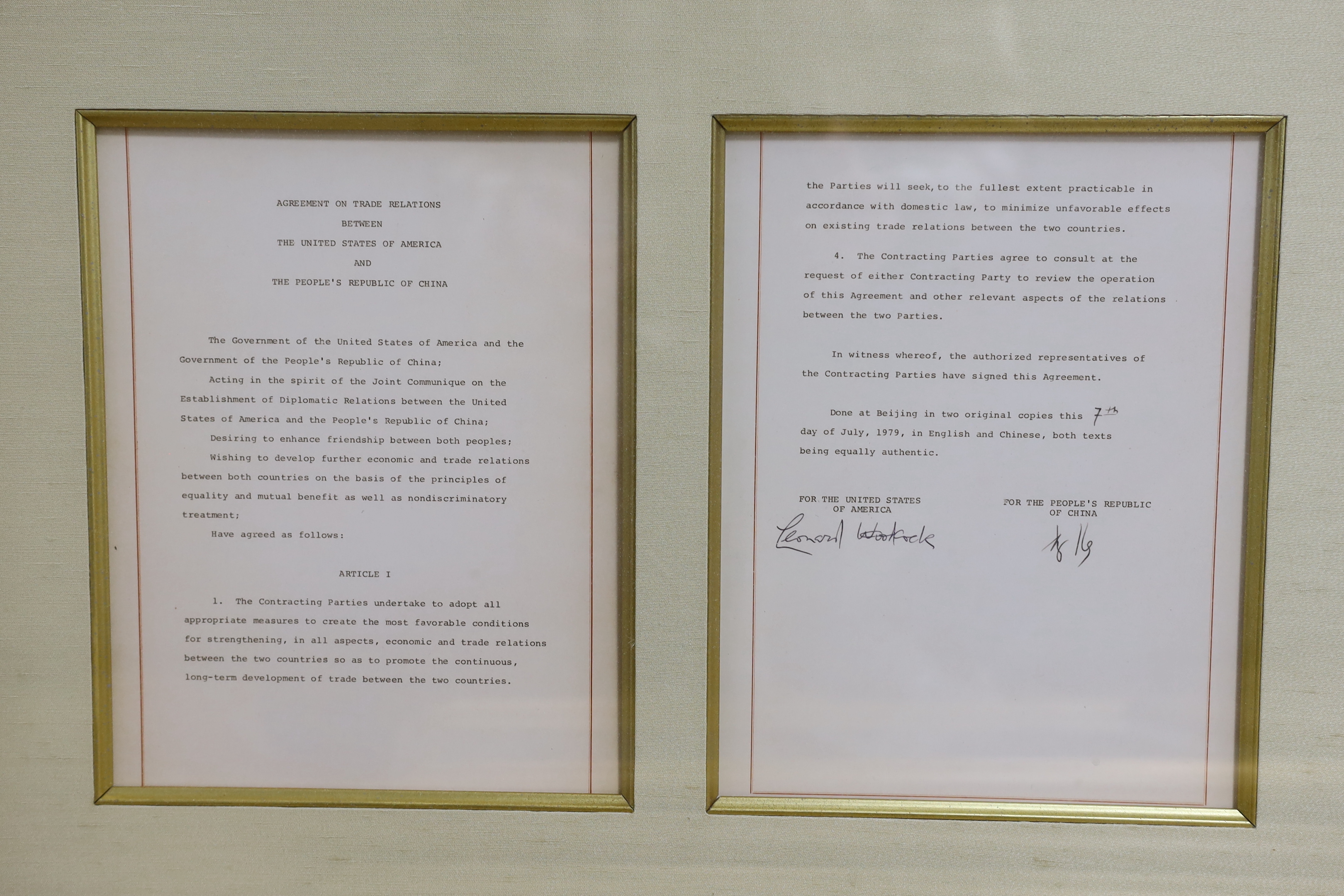 Four facsimiles of USA / China trade agreements for 1844 and 1979